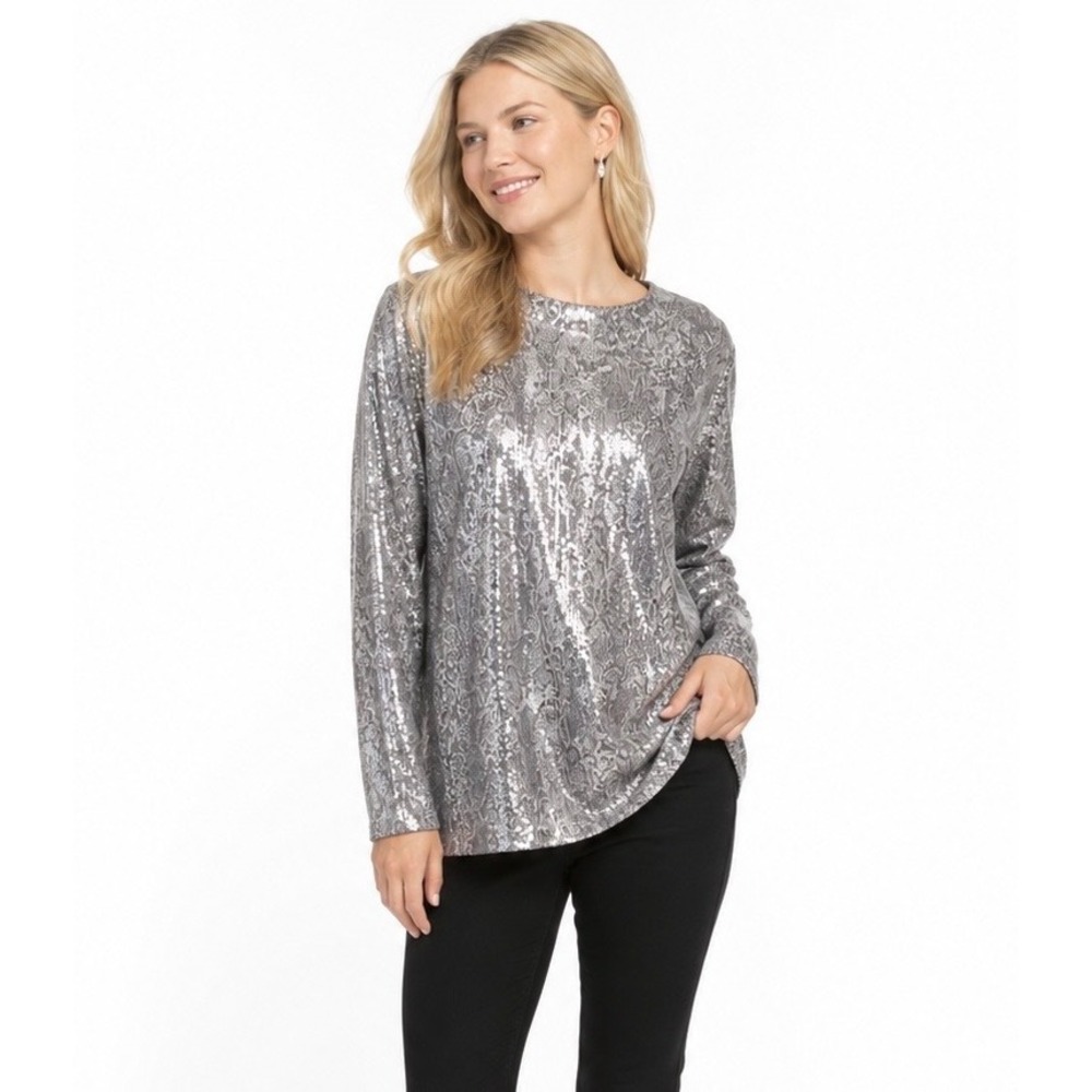 Chicos Silver Python Snakeskin Sequin Long Sleeve Mock Neck Blouse Size 3 XL